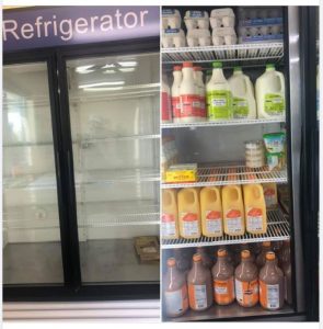 Monday's empty and Tuesday's fully stocked coolers at North Liberty Community Pantry