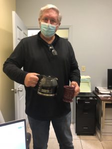 Steve delivers coffee to coworkers