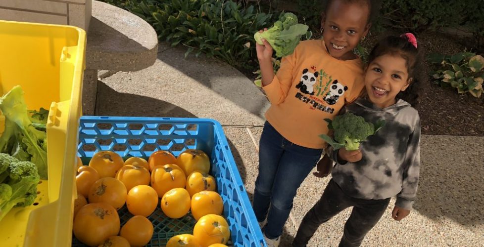 Two young girl smile wide as they hold broccoli at a free produce stand