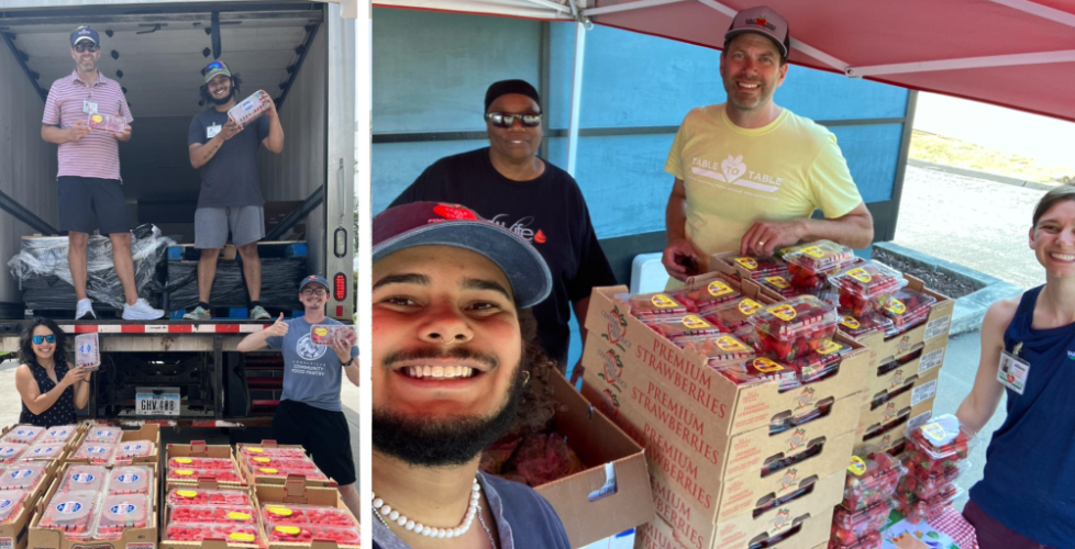 Left image: 4 people stand in and next to our straight truck with a pallet full of red berries in front of them. Image right: four people distribute red berries at a free produce stand.