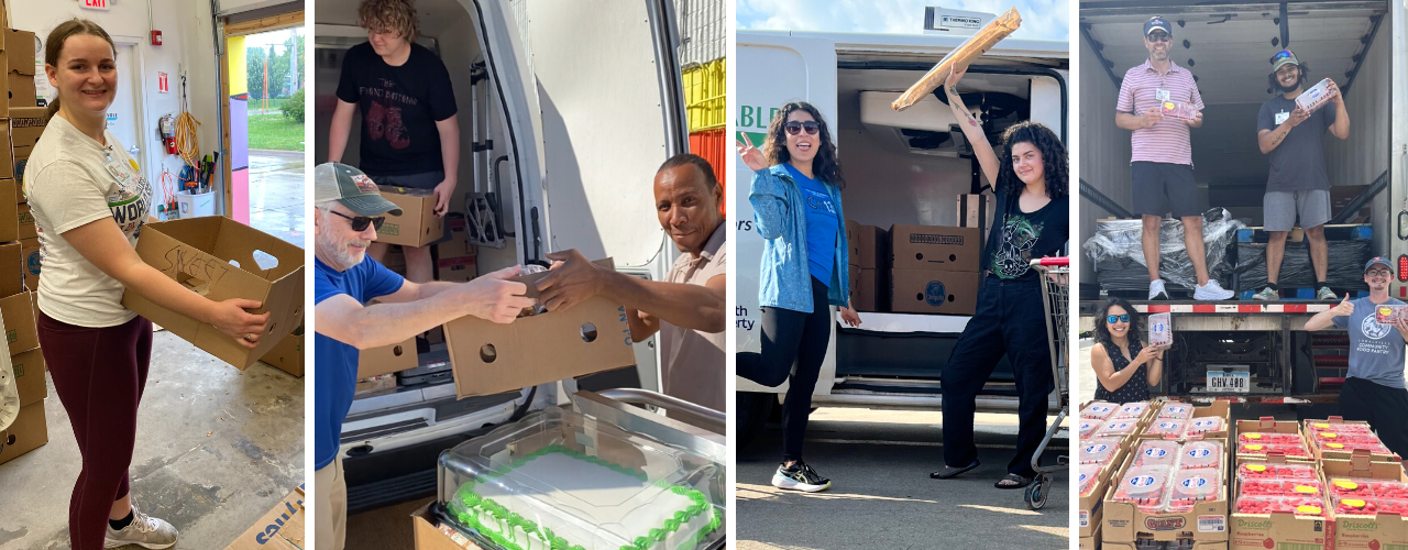 First image: A person holds an empty banana box, standing inside a cement-floored shop space at T2T. Second image: three people unload boxes full of food at CommUnity Food Pantry. A cake sits on a cart in front of them. Third image: two people stand in front of a T2T van with shopping carts; one holds a baguette in the air, the other gives a peace sign. Fourth image: four people stand in and around the open back of the T2T straight truck with a pallet full of red berries in front of them.