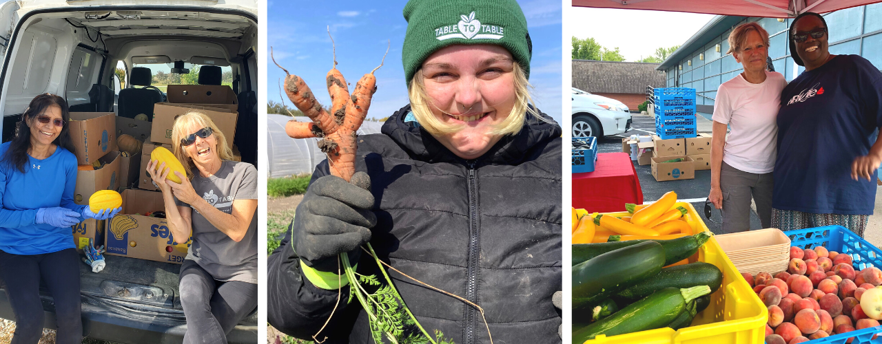 Left image: Two people sit in the back of a T2T van and hold yellow squash. Middle image: A young person, bundled up in winter clothing, holds a fun carrot with soil on it. Right image: Two people stand behind colorful fresh produce at a free produce stand.