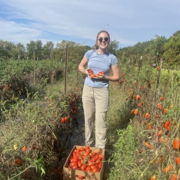 Natalie standing in the field at Wildwoods farm on a tomato glean.