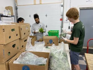 AmeriCorps members Marquis Heard and Noah Thomas, and volunteer Rajni Vijh package produce from a glean at Short's Family Farm in the shop.