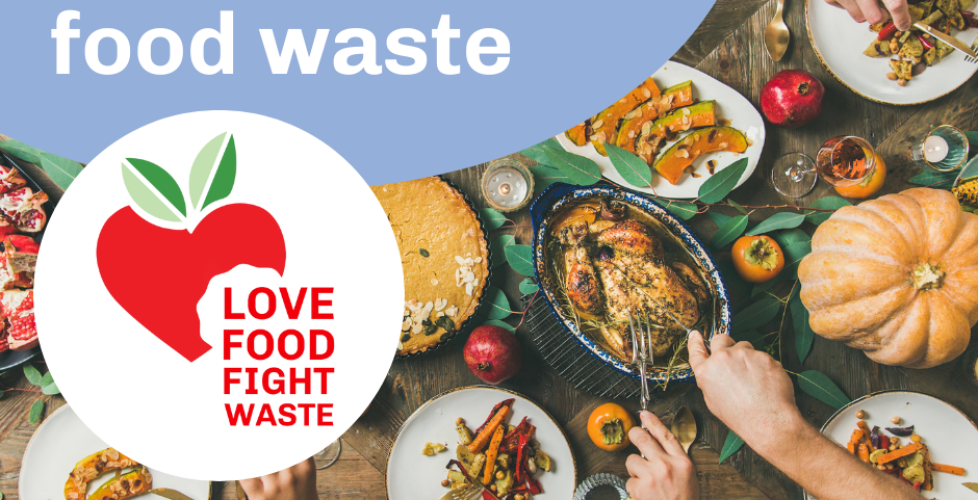 Graphic of people gathering for a meal and the Love Food Fight Waste logo with the words "Reduce holiday food waste."