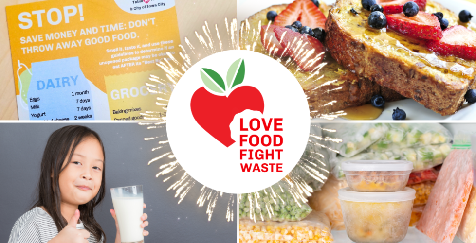 Love food fight waste logo centered on background of various food water reduction images.