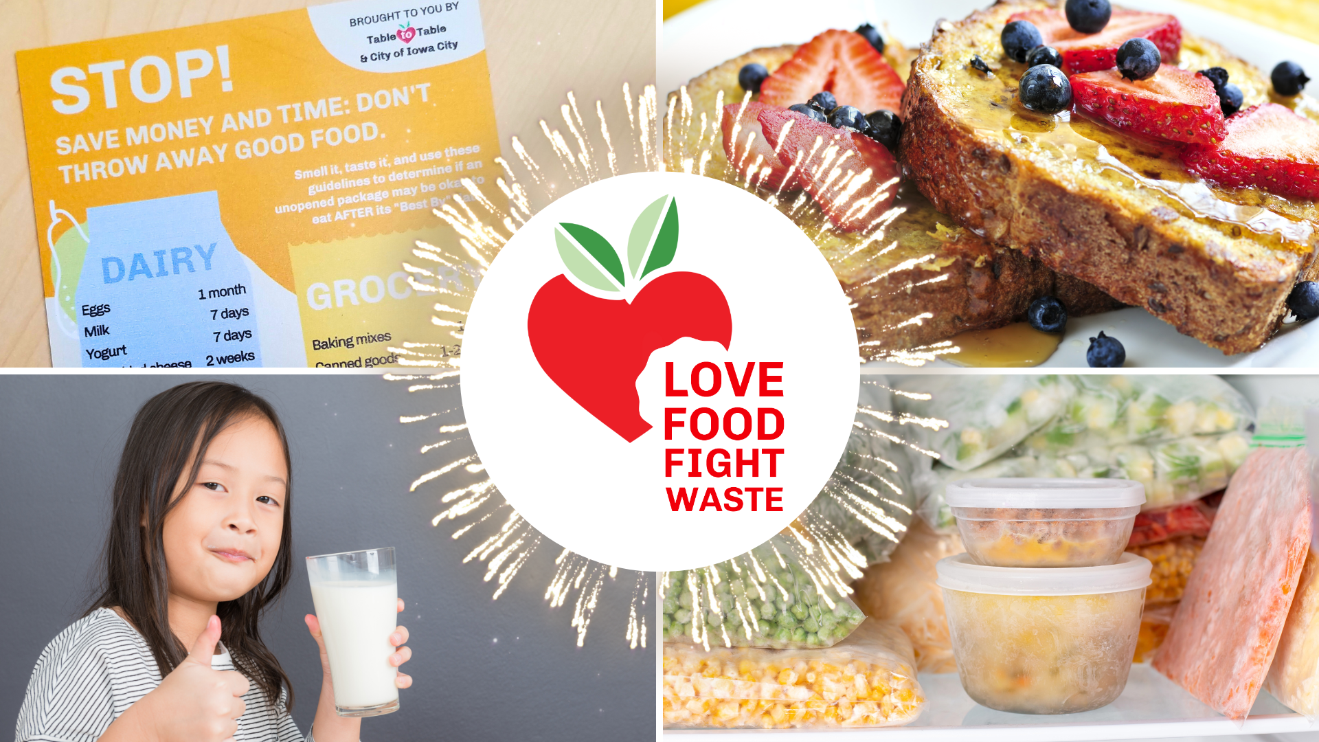 Love food fight waste logo centered on background of various food water reduction images.