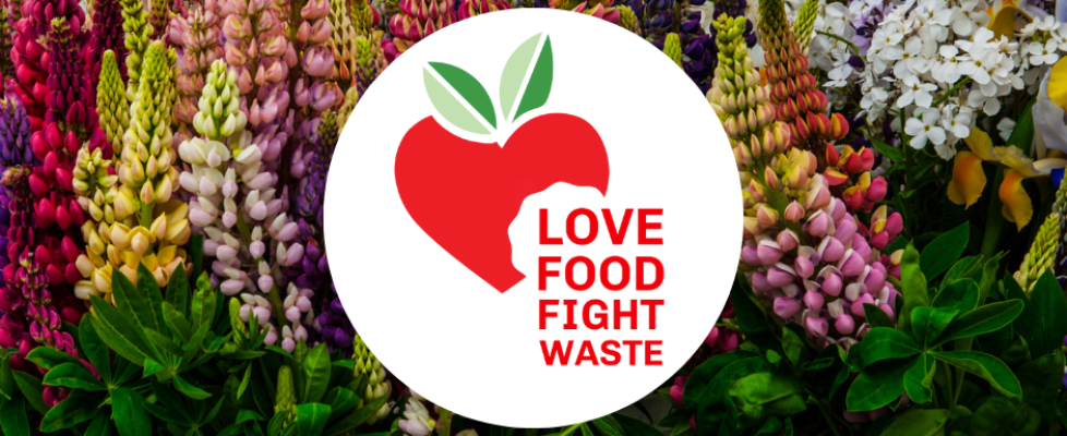 Love Food Fight Waste logo over background of wildflowers